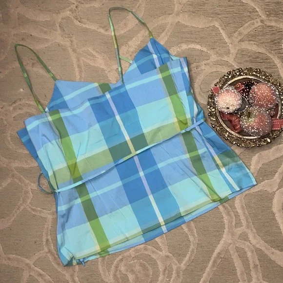 NWOT🌷OLD NAVY🌷Light blue green plaid cotton stretch side zip camisole - Picture 3 of 3